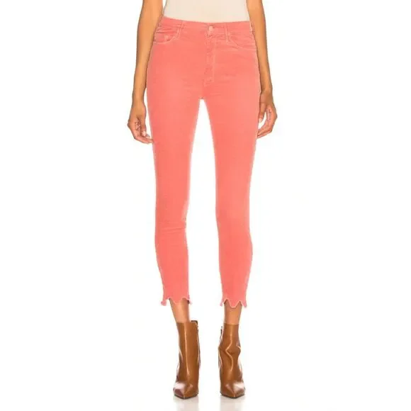 NWT MOTHER Denim High Waisted Looker Ankle Chew in Hopscotch Pink Corduroy Sz 24